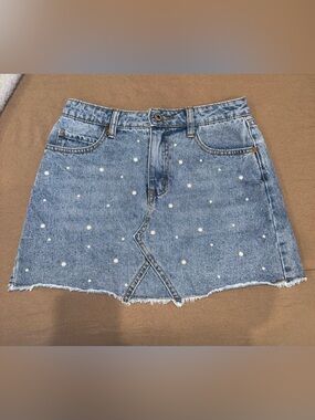 Pearl-Accent Light Blue Denim Mini Skirt